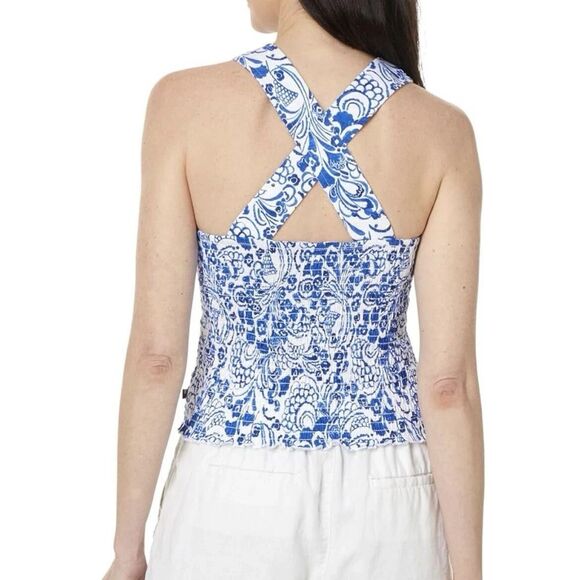 Tommy Hilfiger Womens Fontaine FloralPrint Smocked Cotton Tank Top BlueWhite XXL - Picture 4 of 10